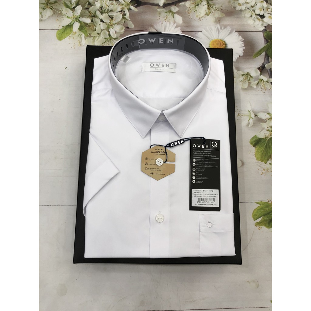Áo Sơ Mi Trắng Nam Tay Ngắn Owen BA23116N2 Trắng Trơn Kiểu Dáng Body Fit Tà Bằng Chất Liệu Sợi Sồi | BigBuy360 - bigbuy360.vn