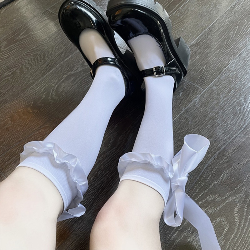 Vớ cao cổ dài đến bắp chân bằng vải satin đính nơ phong cách Lolita dành cho nữ