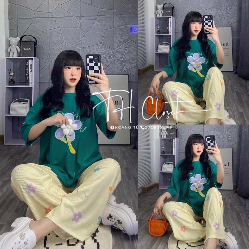 Set áo hoa đính nổi xinh xắn quần suông gân hàng loại 1 N5