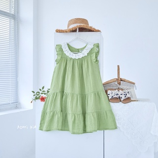 Đầm tơ xanh lá mạ cổ ren trắng cho bé gái – Y447