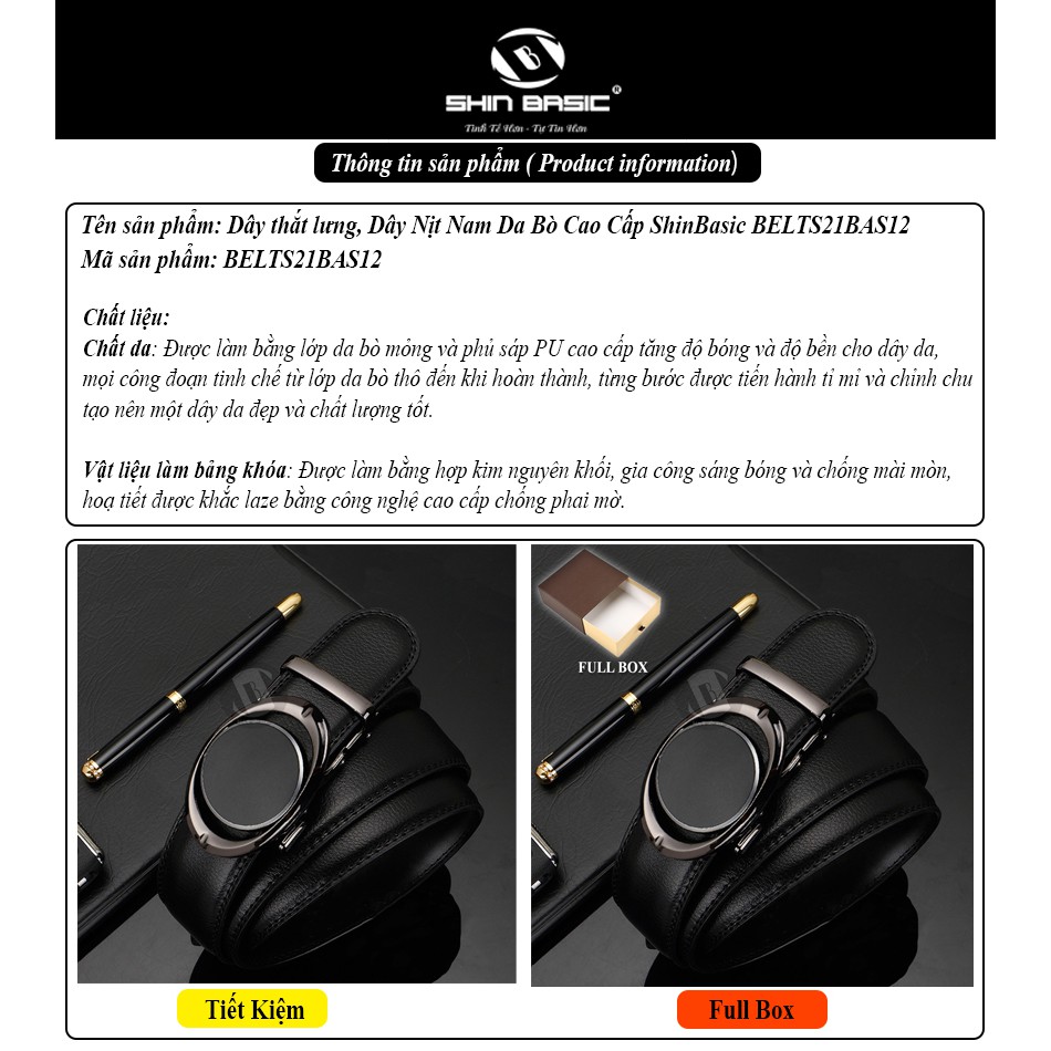 Dây Thắt Lưng, Nịt Nam Da Bò Cao Cấp - ShinBasic, Khoá Tự Động, Bảng Đẹp, Thời Trang Công Sở, Trẻ Trung, BELTS21BAS12