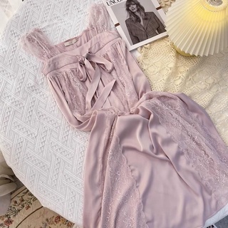 Váy ngủ lụa phối ren tím nơ xinh