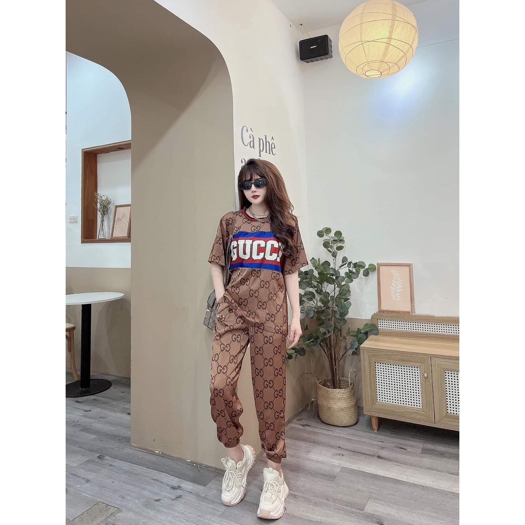 Đồ bộ thun dài form rộng họa tiết in 3D màu nâu