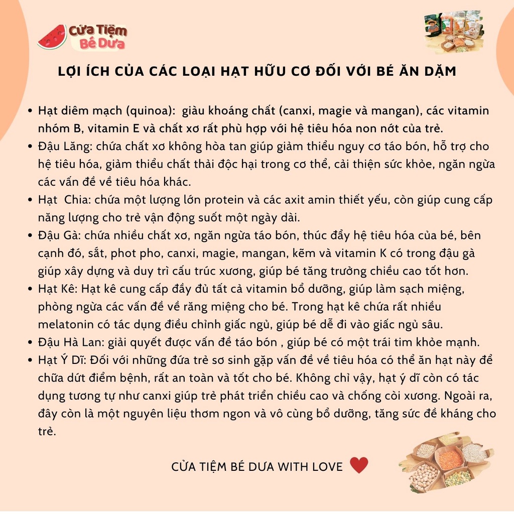 Các loại hạt hữu cơ, đậu hạt ngũ cốc, thực phẩm hữu cơ cho bé ăn dặm