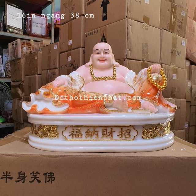 Tượng ông Phật di lạc đá 16in ngang 38 cm màu cam rất đẹp