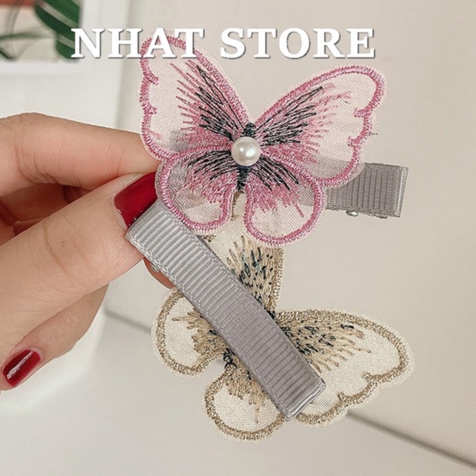Kẹp tóc mái thời trang cho nữ, kẹp mỏ vịt hình bướm thêu Nhat Store