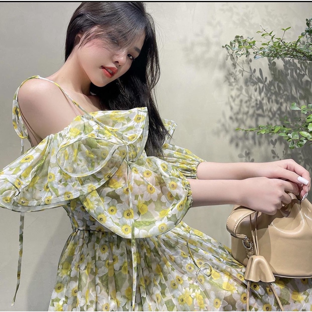 Váy hoa trễ vai viền bèo háck dáng QD_Fastion chất Voon xịn xò cao cấp