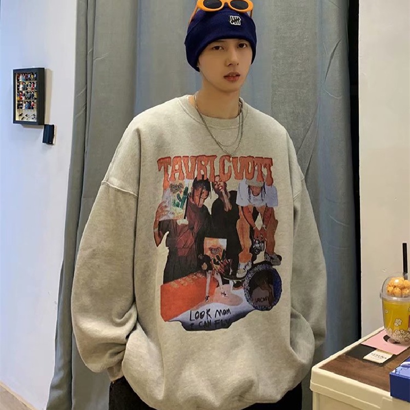 Áo sweater tay dài cổ tròn dáng rộng in họa tiết hoạt hình phong cách đường phố Hàn Quốc thời trang cho nam size M-5XL