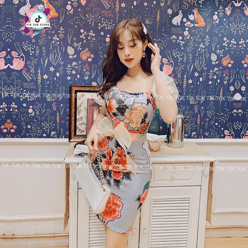 Váy ôm body, đầm body kiểu hoa hồng phối nơ TIK TOK STORE | BigBuy360 - bigbuy360.vn