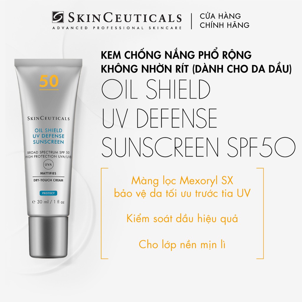 [Mã COSLUX03 giảm 120K] Skinceuticals Oil Shield UV Defense Sunscreen SPF 50 kiềm dầu 30ml