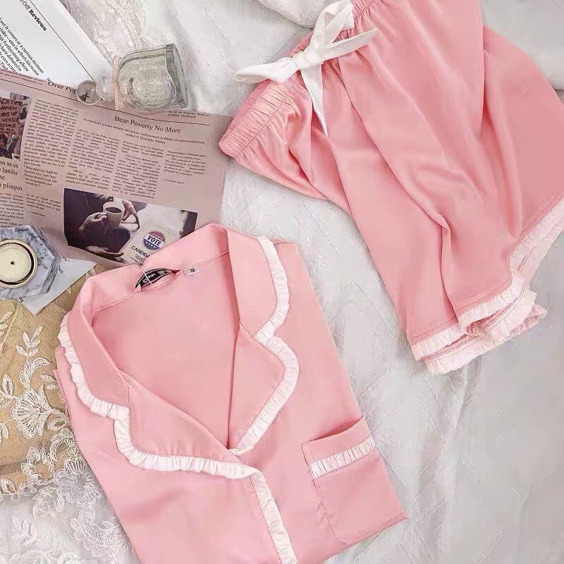 Bộ pijama nữ đùi, bộ ngủ lụa cộc tay viền bèo túi ngực 4 màu cho nữ