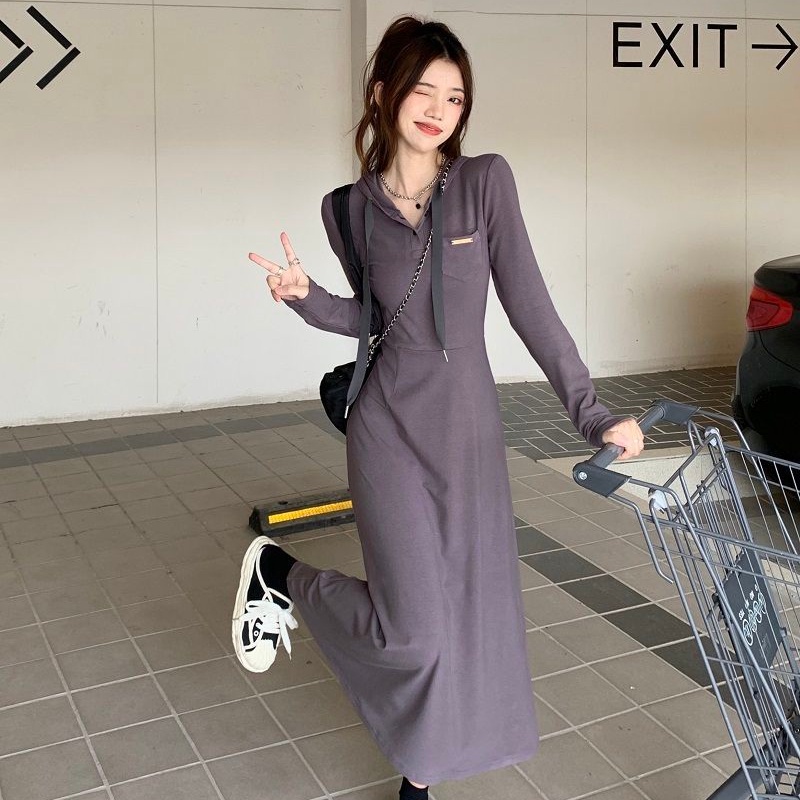 COZOK Đầm Tay Dài Có Nón Thời Trang retro Cá Tính Cho Nữ