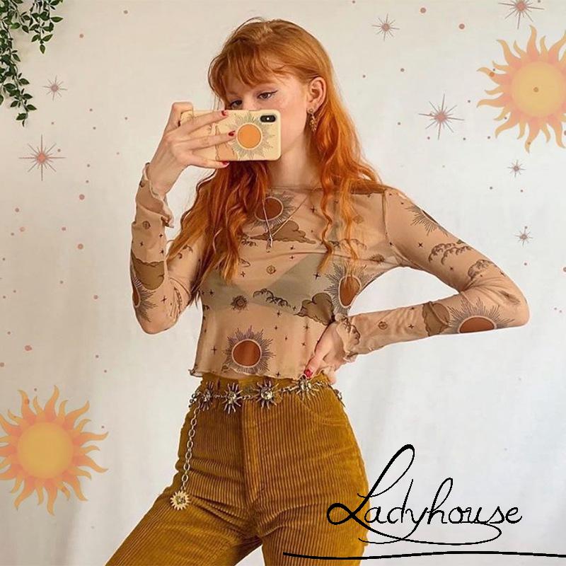 Áo Croptop Tay Dài Cổ Tròn Vải Lưới Xuyên Thấu In Họa Tiết Thời Trang Mùa Hè Cho Nữ