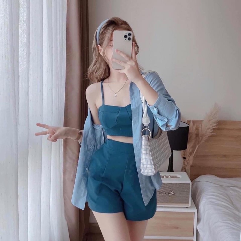 SET SƠ MI quần sort 3 món đi biển sẵn mút ngực