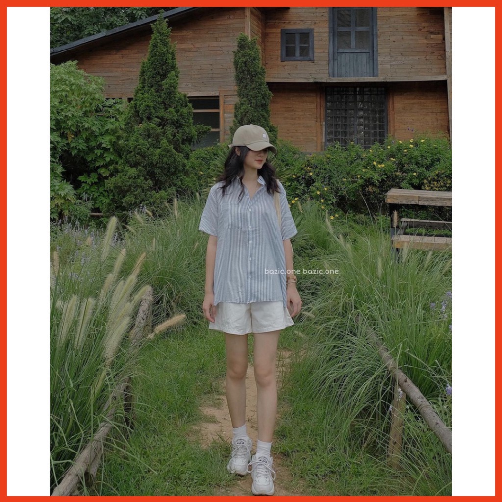 Sale  Set Đồ Nữ Đẹp❣️FREESHIP❣️ Set Bộ Áo Sơ Mi Kẻ Mix Quần Kaki, Áo Sơ Mi Ngắn Tay Dáng Dài Phong Cách Ullzang
