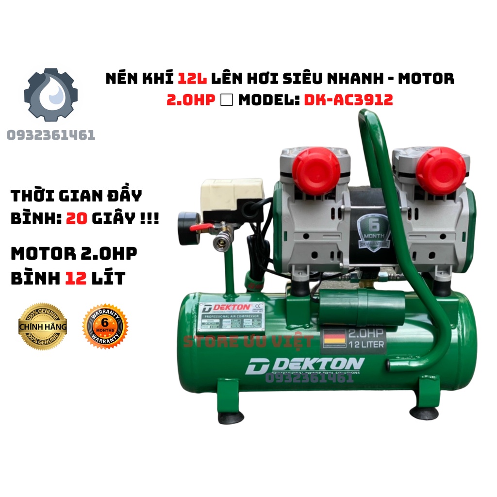Máy nén khí 12L lên hơi siêu nhanh bình 12lit 2.0HP  Thời gian đầy bình: 20 giây Model DK-AC3912