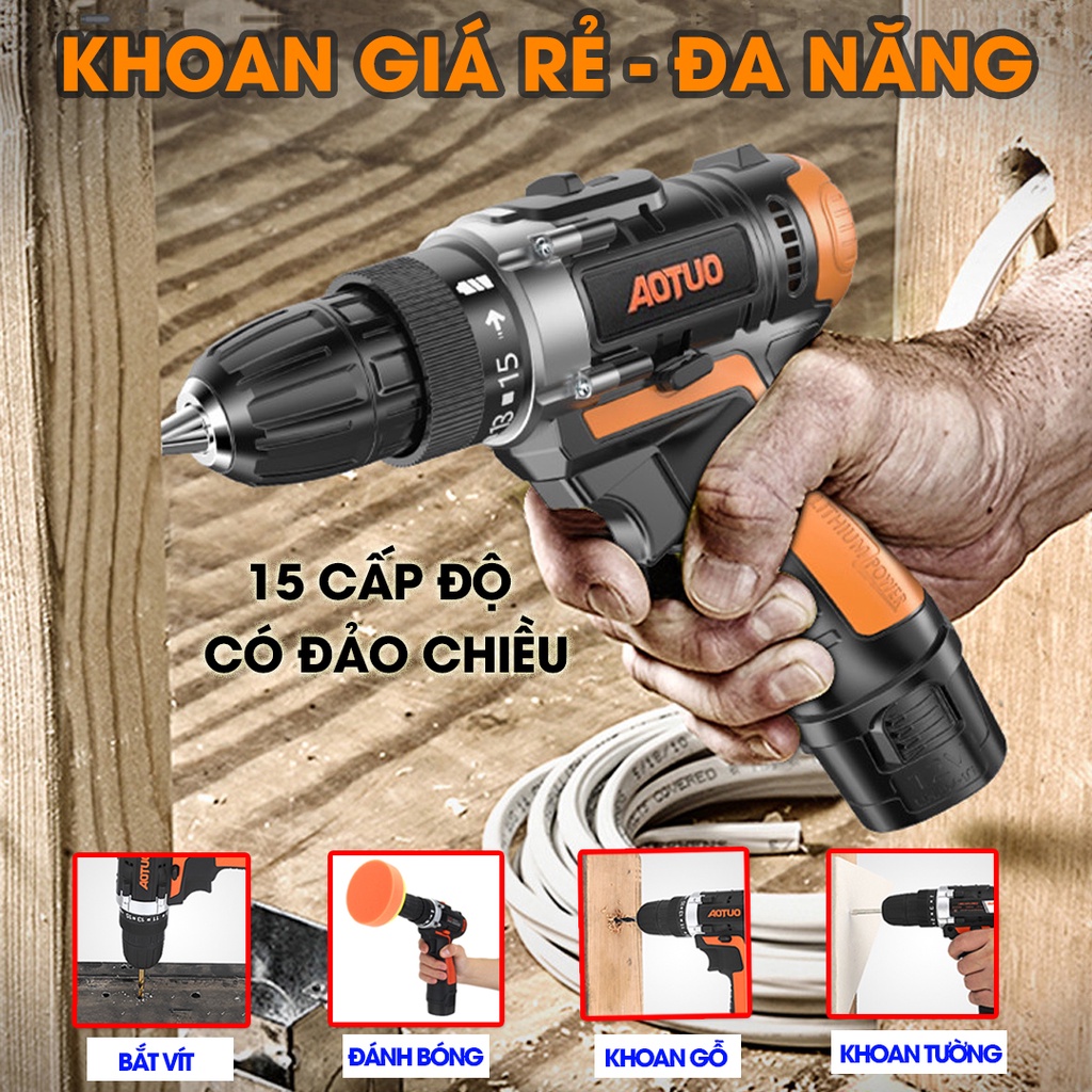 KHOAN CẦM TAY AOTUO 12v - Bắt Vít, Khoan Lỗ, gỗ, gạch, nhôm, tôn, bắn thạch cao...Tặng mũi khoan