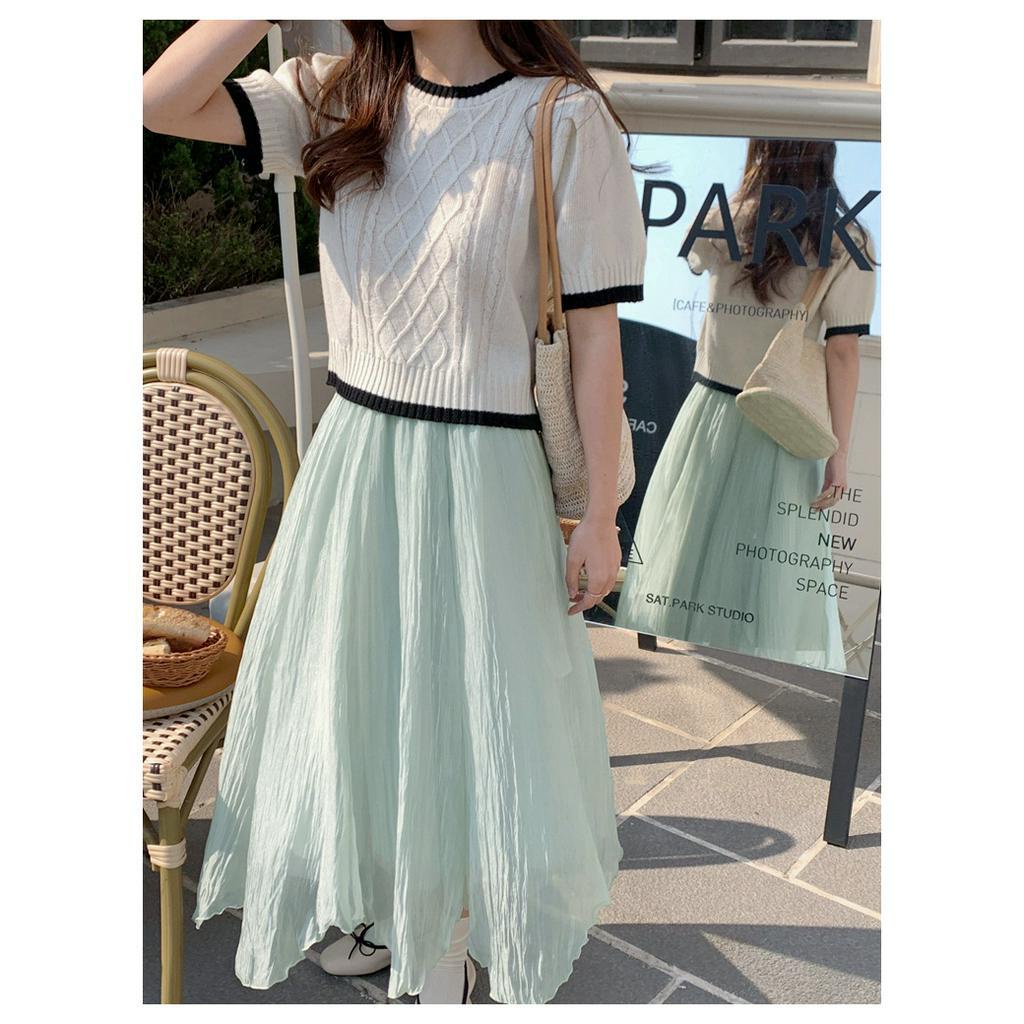 Áo Dệt Kim Chui Đầu Cổ Tròn Ngắn Tay Màu Sắc Tương Phản Dễ Phối Đồ 6177