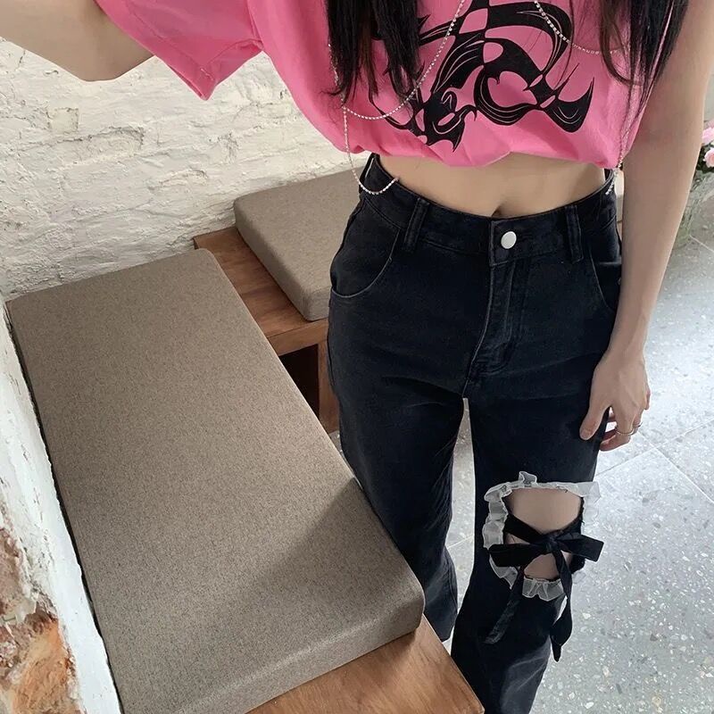 Quần jean dài ống rộng phối ren thiết kế mỏng thời trang hè phong cách Hàn Quốc cho nữ