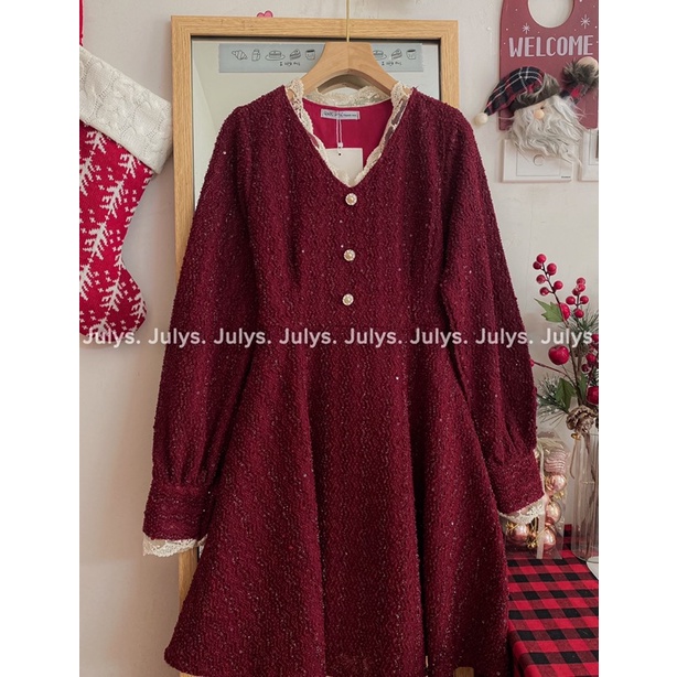 Đầm dạ tweed đỏ ren cổ cúc ngọc (ảnh thật shop chụp kèm video) | BigBuy360 - bigbuy360.vn