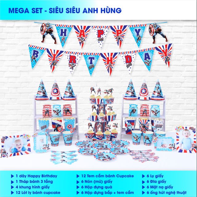 Set giấy mega trang trí sinh nhật siêu anh hùng, minion, heo peppa, MC Queen, baby boy, hoàng tử