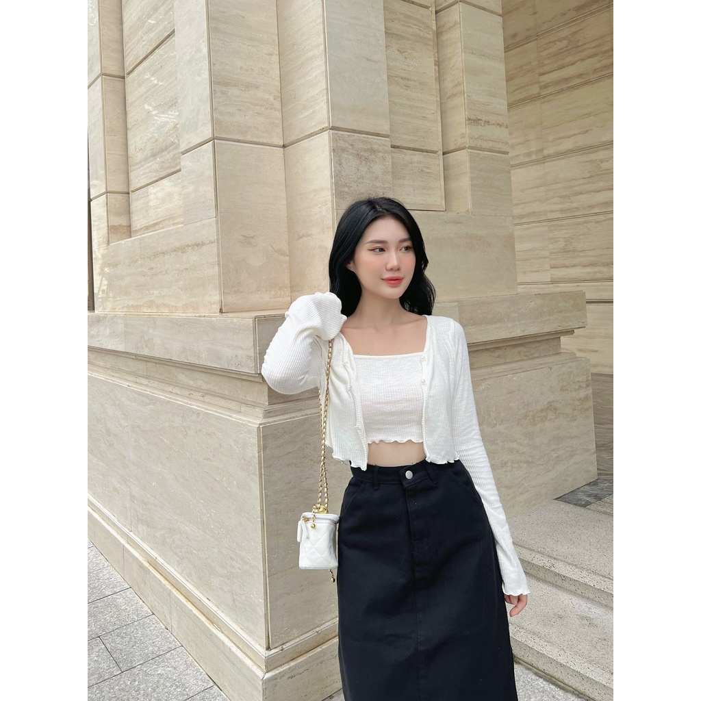 SET ÁO DÂY KÈM ÁO KHOẮC XINH XẮN HAI MÀU TRẮNG ĐEN - ICY TOP