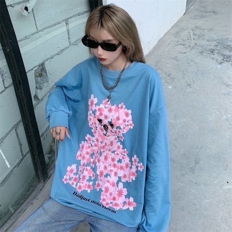 Áo Thun Sweater Dáng Rộng Tay Dài In Hình Gấu Và Hoa Dễ Thương