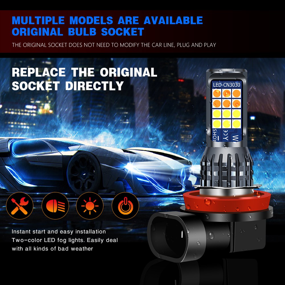 2 pc đèn LED sương mù 2 màu 24SMD H8 H11 H3 H4 H7 9005 HB3 9006 HB4 H16 P13W đèn sương mù ô tô