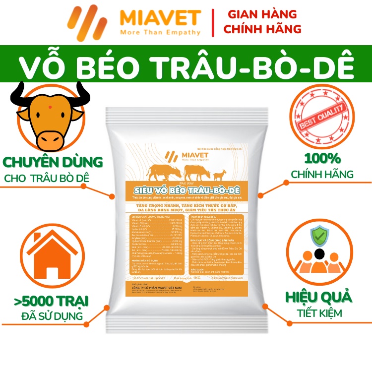 Vỗ Béo Trâu-Bò-Dê : Giúp Tăng Trọng Nhanh, Tăng Kích Thước Khung Xương Và Cơ Bắp Cho Đại Gia Súc. Chuyên cho Trâu-Bò-Dê