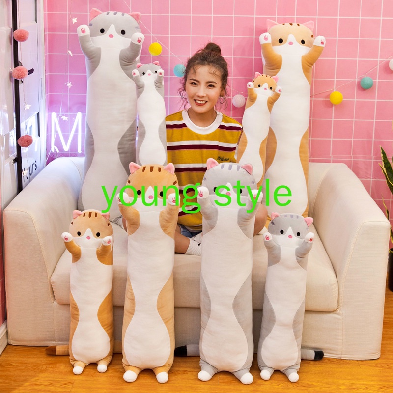 [Giá ưu đãi] Gối ôm dài hình mèo con, gối ôm nhồi bông mèo con hai màu xám và màu nâu BIG SIZE 110cm