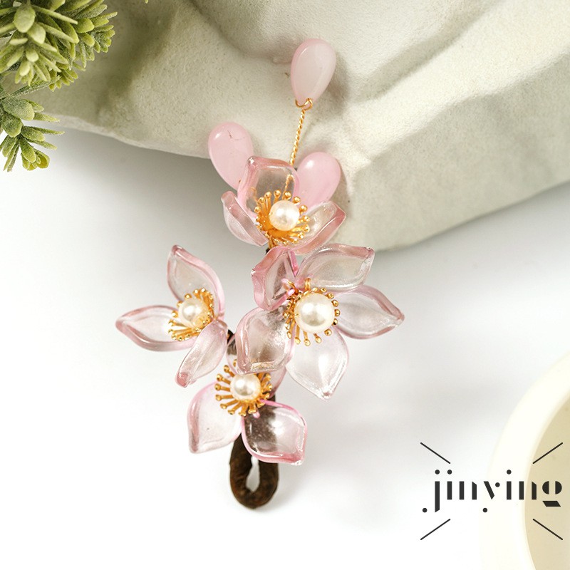 ❤S Wind Antique Style Hairpin Fresh Retro Imitated Jade Pink Flower Hair Accessories Fashion Han Chinese Clothing Hair O