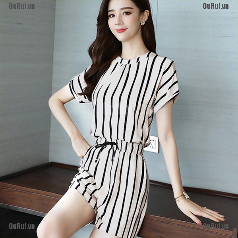 Set Áo Thun Tay Ngắn Kẻ Sọc Phối Quần Short Thời Trang Trẻ Trung