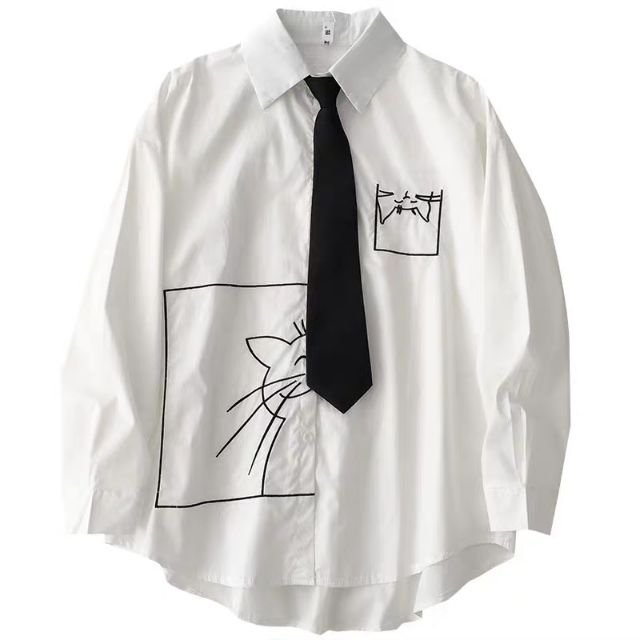 Hàng có sẵn - (kèm ảnh thật) Áo so mi trắng họa tiết bé mèo xinh kèm cà vạt