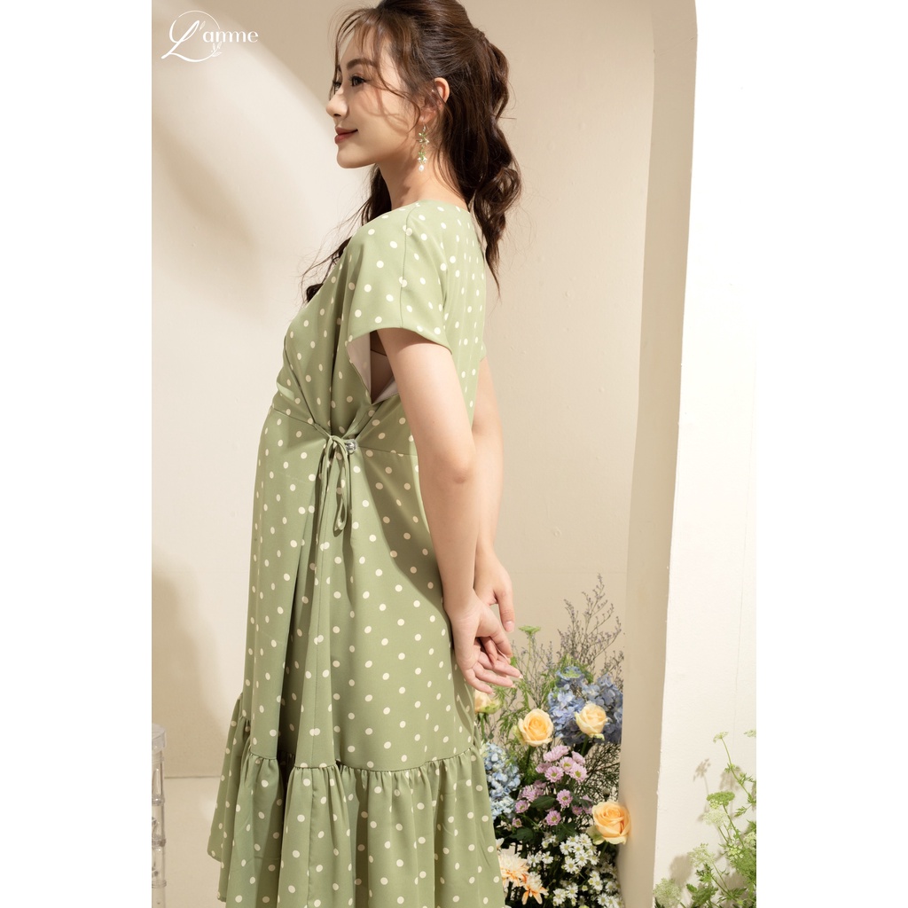 Váy bầu Dani Dress cổ tim chấm bi, chất voan mềm có lót thiết kế bởi LAMME