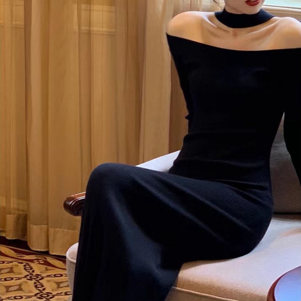 SUXI Đầm midi dệt kim tay dài hở vai màu trơn thời trang mùa thu mới cho nữ