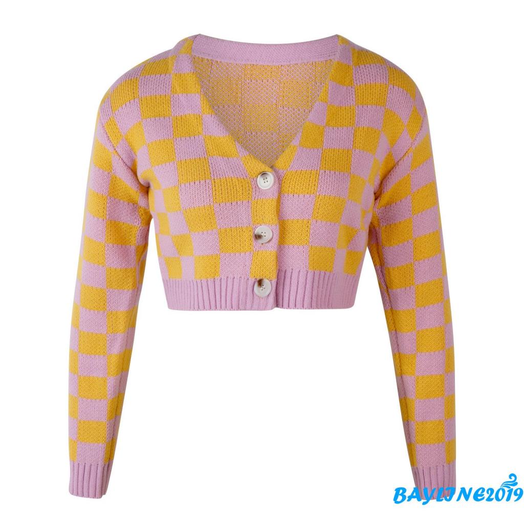 Áo khoác cardigan dệt kim tay dài cổ chữ V cài nút màu vàng tím cho nữ