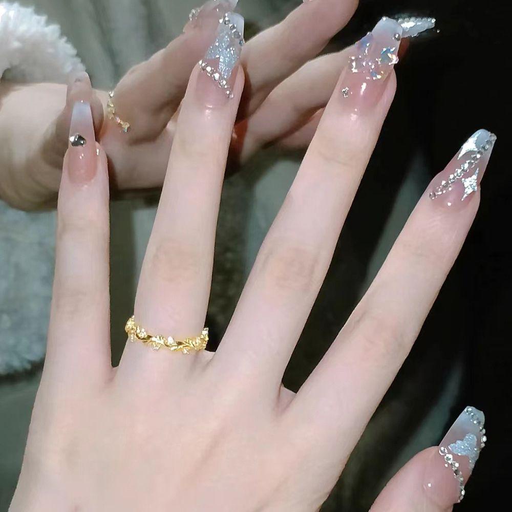 Set 24 Móng Tay Giả Kiểu Chuỗi Xích Màu Hồng / Xanh Dương Lấp Lánh