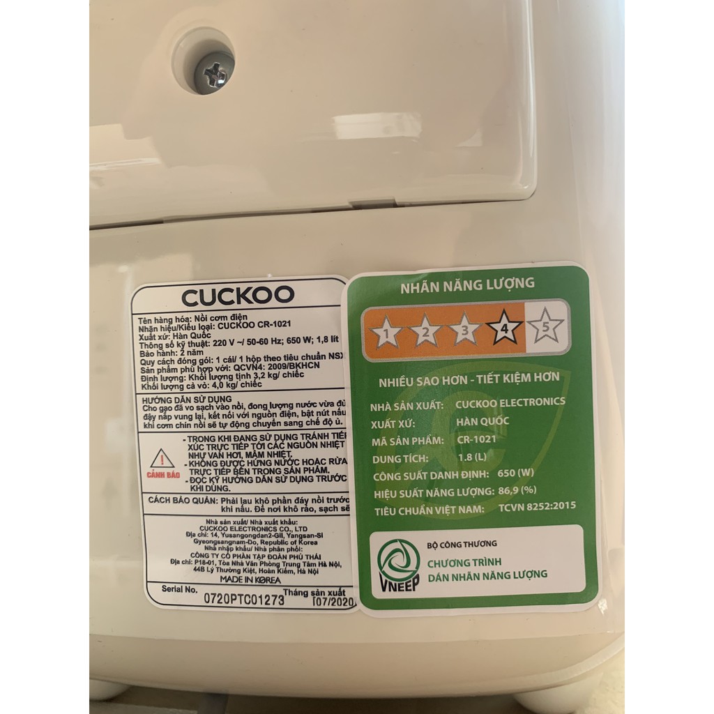 (Chính Hãng) Nồi Cơm Điện Cuckoo 1.8 Lít CR-1021 - Hàng Chính Hãng Nhập Khẩu Hàn Quốc 2021 | BigBuy360 - bigbuy360.vn