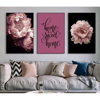 Bộ 3 tranh canvas treo tường hoa mẫu đơn home sweet home - 30 x 45 cm x 3 tranh