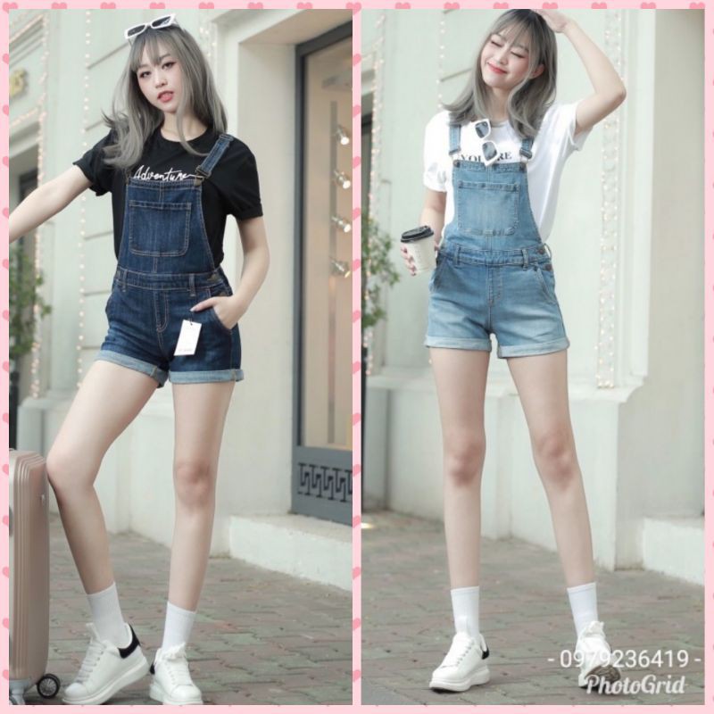 Yếm short jean 2 dây chéo, Yếm xanh đậm nhạt hàng vnxk cao cấp