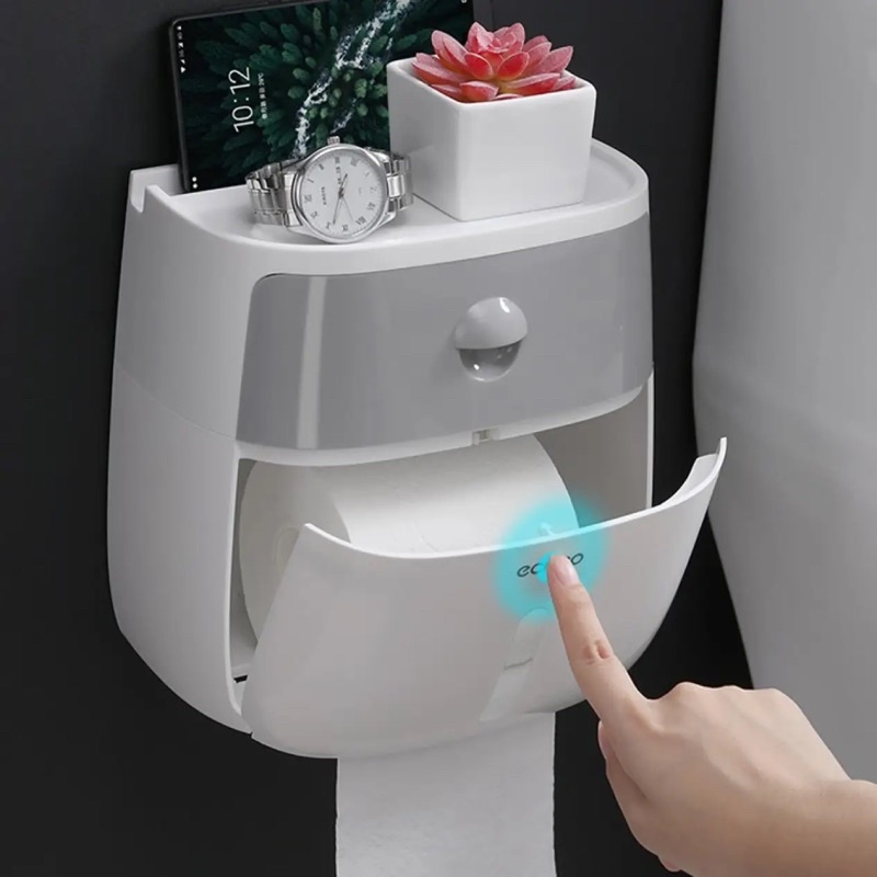 Bộ 3 chi tiết Ecoco | Kệ nhả kem 4 cốc, Cọ toilet silicon, Hộp giấy vệ sinh 2in1 không khoan tường mẫu mới