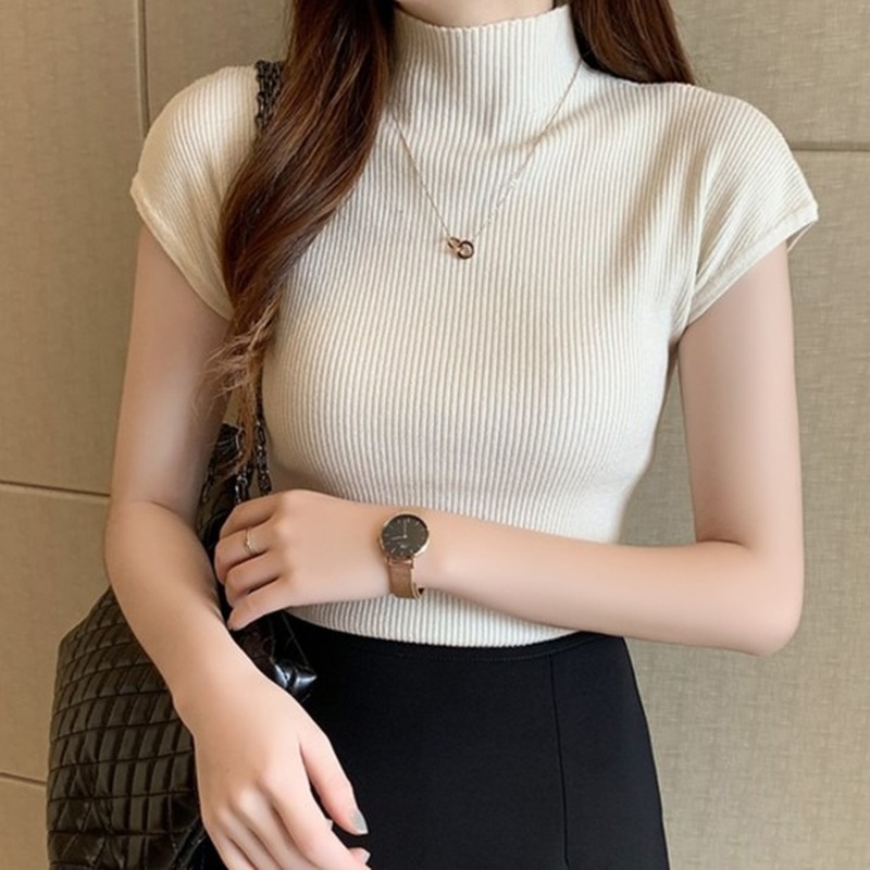 Xj-áo len dệt kim ngắn co giãn đơn giản nửa cổ cao trơn tay ngắn 829