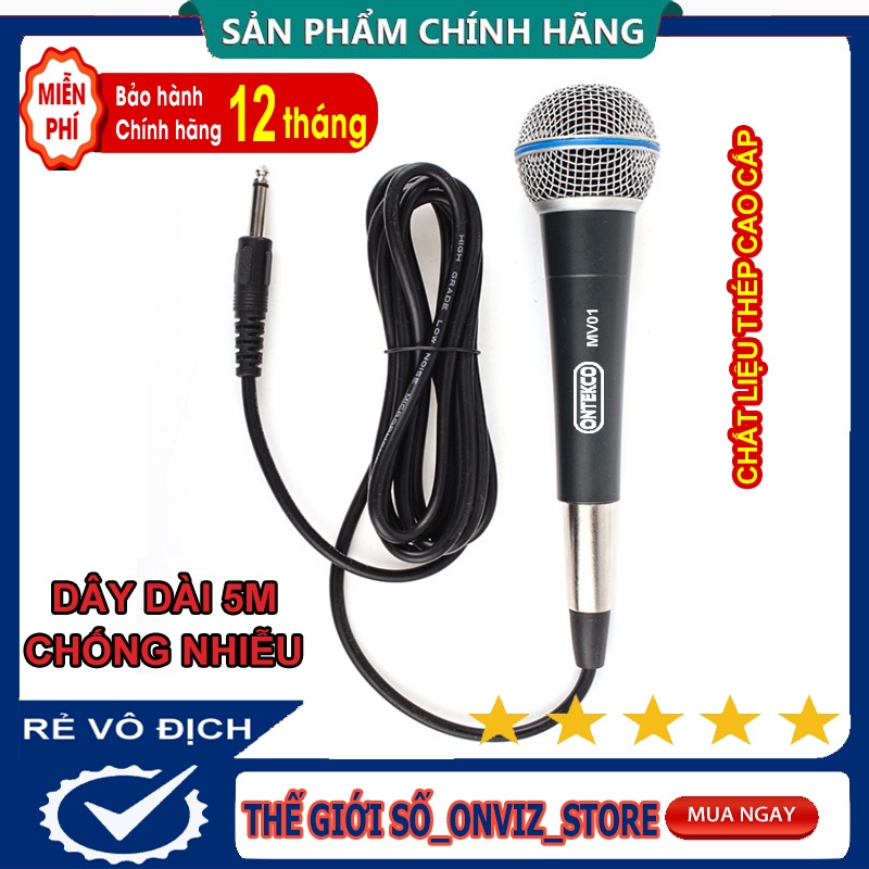Micro hát karaoke Ontekco MV01 dây dài 5m chống nhiễu tay cầm thép không gỉ