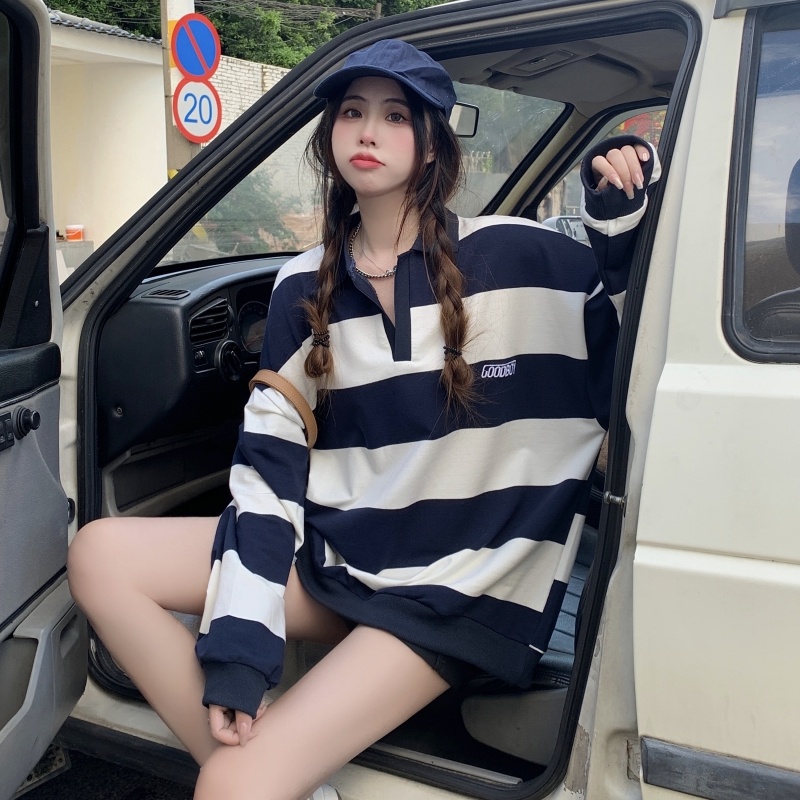 Áo thun polo ZHELIHANGFEI tay dài kẻ sọc thêu họa tiết kiểu retro dễ phối đồ