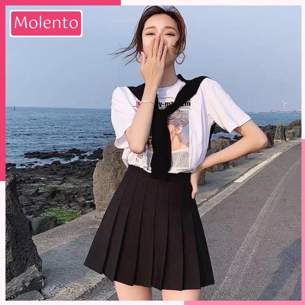 Chân Váy Tennis Xếp Ly Dáng Chữ A Ngắn Lưng Cao Sexy Khóa Kéo Có Quần Lót Phong Cách Hàn Quốc Màu Trắng Đen Molento M26