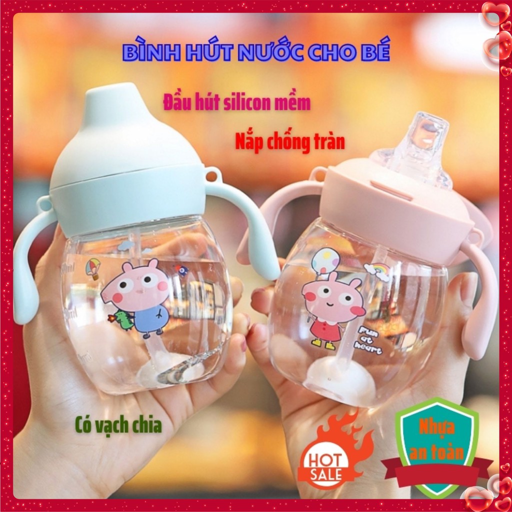 Bình tập uống nước cho bé đi học có dây đeo 280ml - Bình hút sữa hút nước vòi silicon mềm chống sặc an toàn - DC033