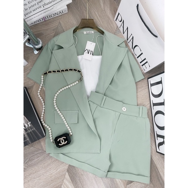 [ 𝐅𝐑𝐄𝐄 𝐒𝐇𝐈𝐏 ] SÉT VEST XANH QUẦN SOOC 3 MÓN Ạ . CHẤT CHÉO THÁI MẶC LÊN ĐỨNG FORM LẮM Ạ