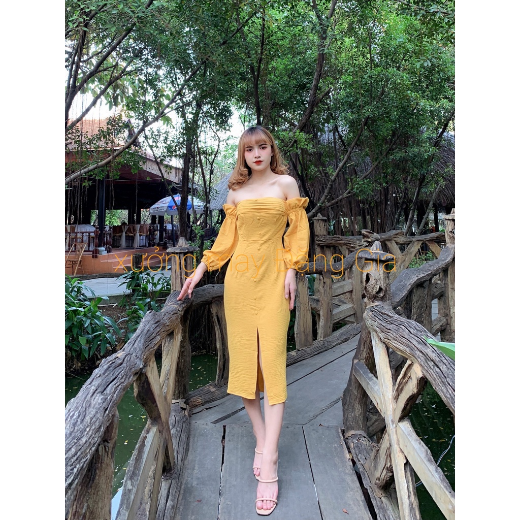 Đầm tay phồng sếp ly ngực sang chảnh, đầm dự tiệc xẻ tà xếp ly ngực DG 4257