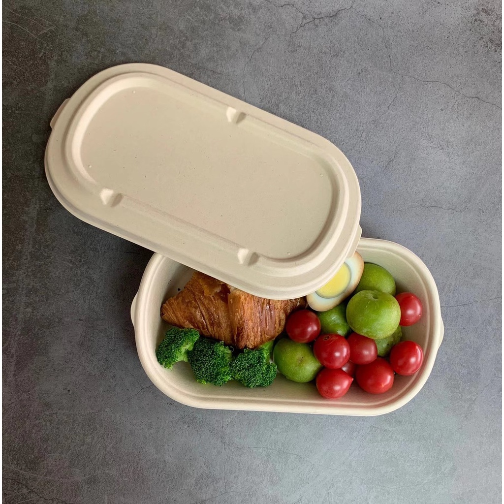 50 Hộp oval bã mía1000ml nắp nhựa Pet 236*132*70