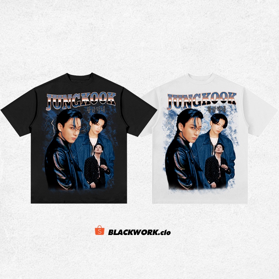 Áo Thun Vintage JUNGKOOK Tay Lỡ Unisex - Đen/Trắng Cổ Tròn | Blackwork